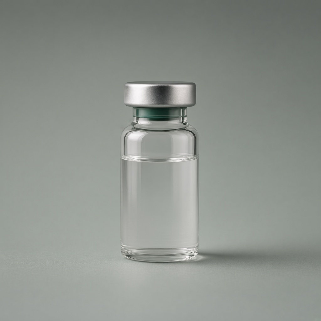 Clear glass vial of liquid with a silver seal and a green neck band.
