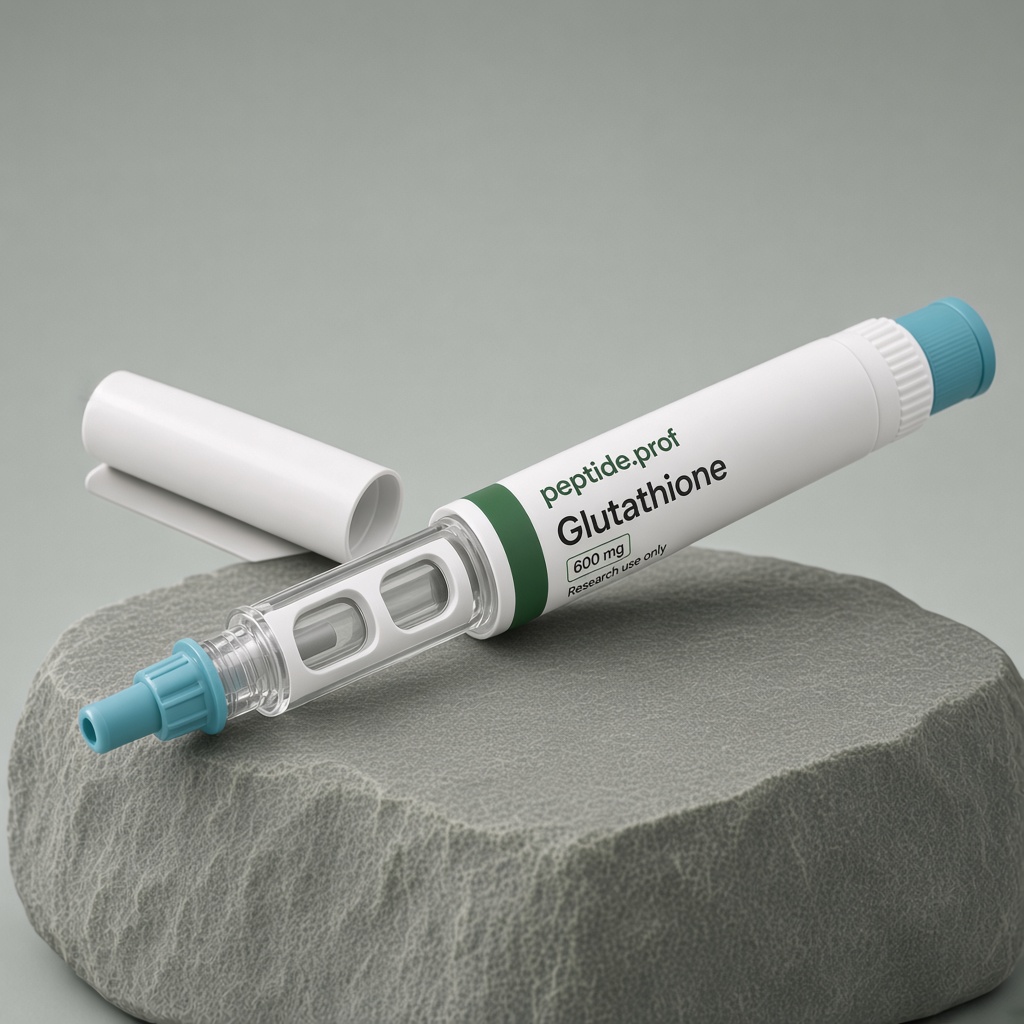 peptide.prof branded Glutathione 600 mg single-chamber disposable research pen with white and green label.