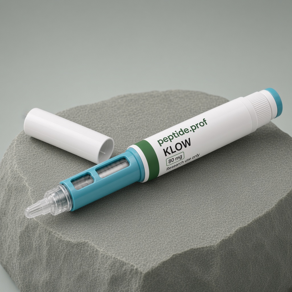 peptide.prof branded KLOW 80 mg single-chamber disposable research pen with white and green label.