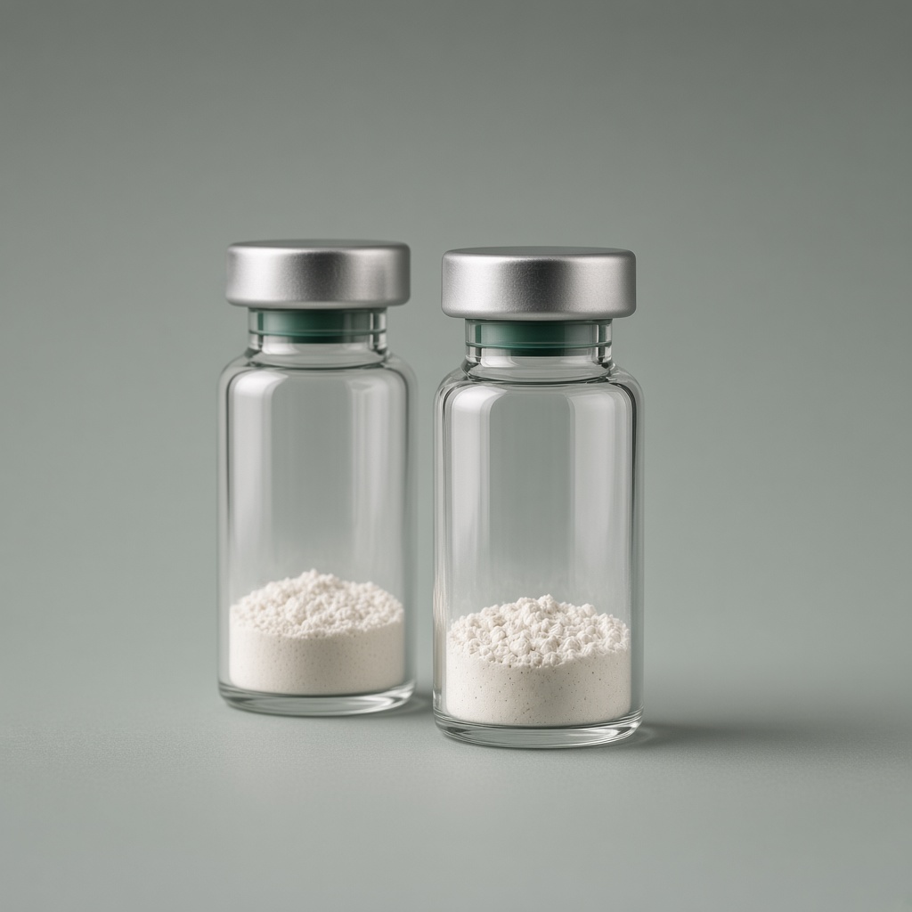 Two clear glass research vials with green neck bands on a sage surface.