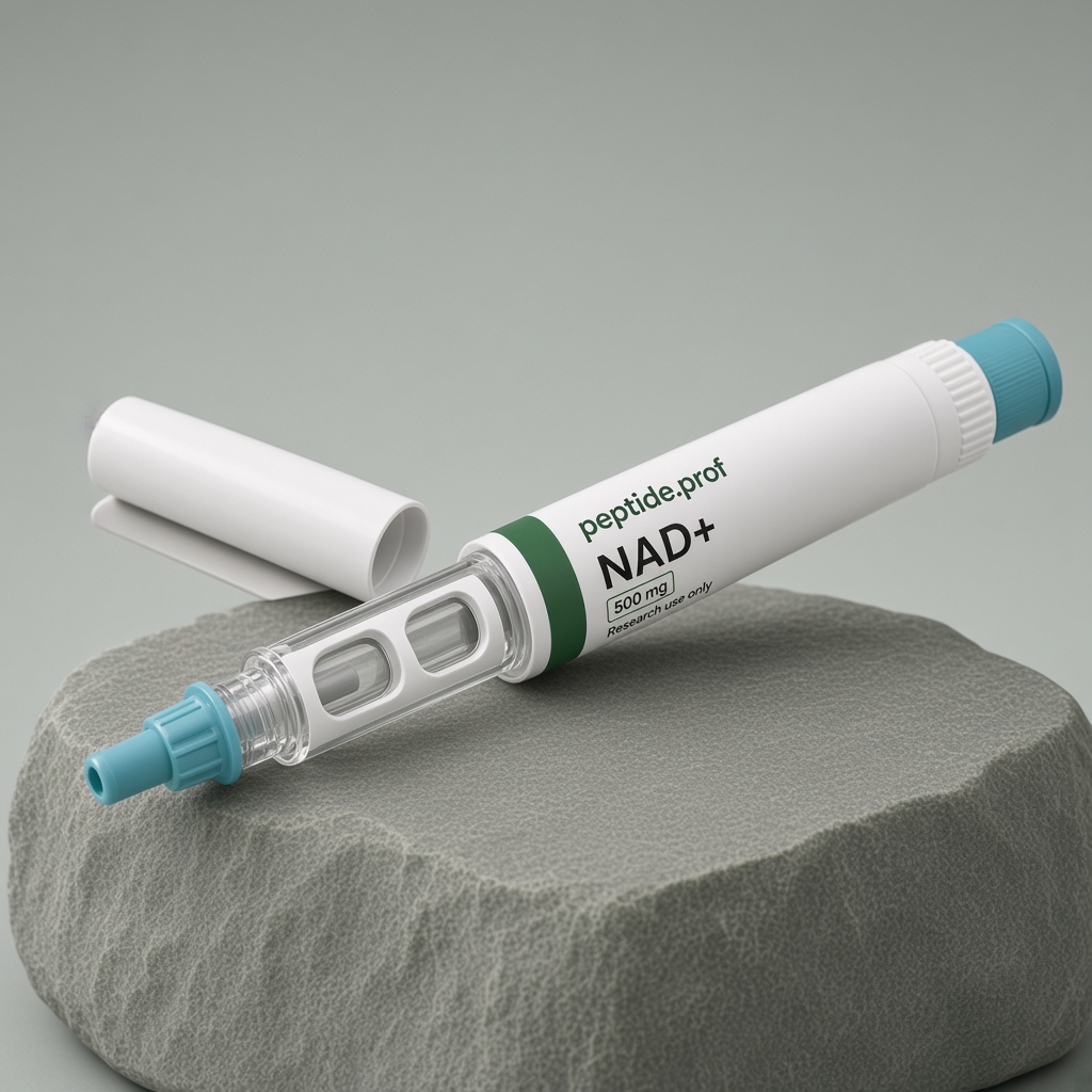 peptide.prof branded NAD+ 500 mg single-chamber disposable research pen with white and green label.
