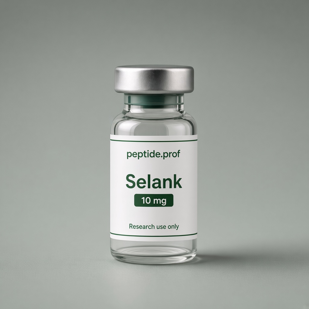 peptide.prof branded Selank 10 mg research vial with white and green clinical label.